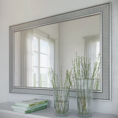 Silver Framed Wall Mirror Reflecting Window And Curtains With Glass Vases 3d model