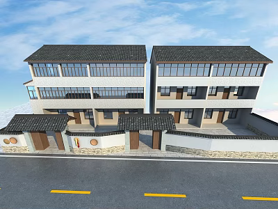 Traditional Two Story Buildings With Black Tile Roofs Front Porch Courtyard And Road Yellow Lines 3d model