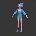 Cartoon Blue Haired Female Character With Ponytail Blue Dress Blue Shoes 3D Model Standing