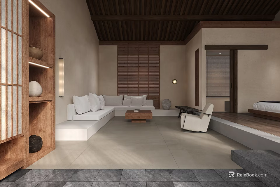 Cozy Hotel Guest Room Interior With Wooden Ceiling Sofa Seating Coffee Table And Soft Lighting 3d model 