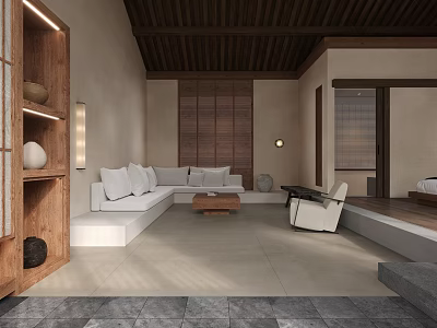Cozy Hotel Guest Room Interior With Wooden Ceiling Sofa Seating Coffee Table And Soft Lighting 3d model