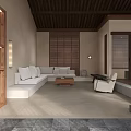 Cozy Hotel Guest Room Interior With Wooden Ceiling Sofa Seating Coffee Table And Soft Lighting