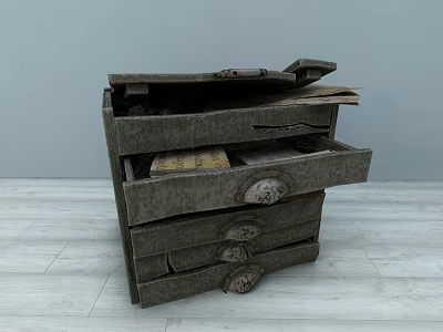 Vintage Dark Brown Bedside Table With Multiple Drawers Round Decorative Handles And Aged Wood Texture 3d model