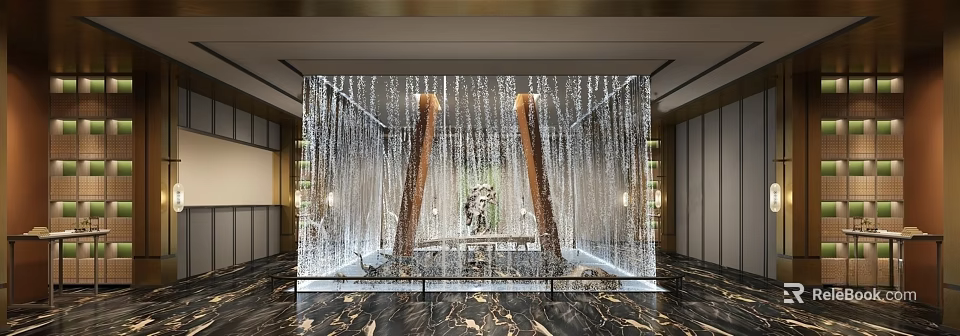 Hotel Lobby Featuring Stunning Waterfall Wall With Wooden Pillars And Luxurious Marble Floor 3d model 