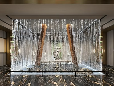 Hotel Lobby Featuring Stunning Waterfall Wall With Wooden Pillars And Luxurious Marble Floor 3d model