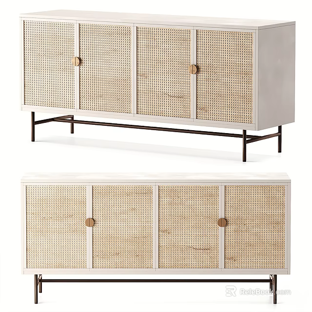 Stylish Entryway Cabinet Sideboard With Rattan Doors Wooden Frame And Black Metal Legs 3d model 