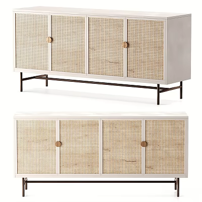 Stylish Entryway Cabinet Sideboard With Rattan Doors Wooden Frame And Black Metal Legs 3d model