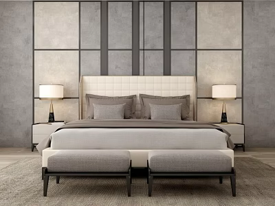 Background Double Bed With Upholstered Headboard Bedside Tables Table Lamps Ottomans Against Modern Grey Wall 3d model