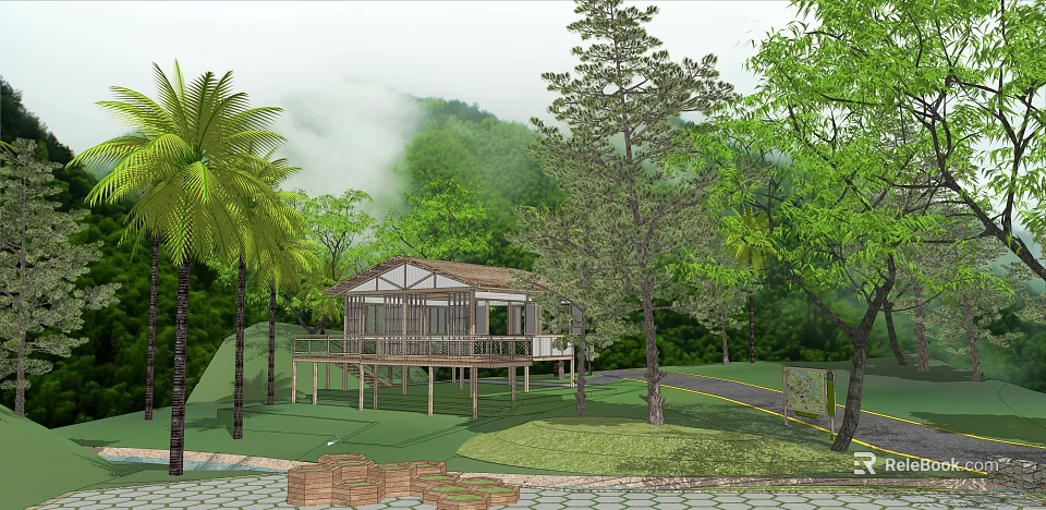 Wooden House with Deck Surrounded by Palm Trees and Green Mountains in Misty Forest 3d model 