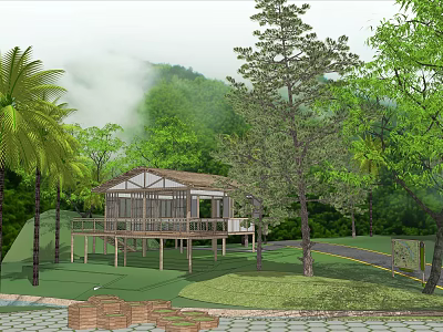 Wooden House with Deck Surrounded by Palm Trees and Green Mountains in Misty Forest 3d model
