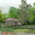 Wooden House with Deck Surrounded by Palm Trees and Green Mountains in Misty Forest