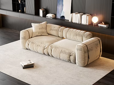 Modern Beige Double Sofa With PARIS Lettering On Carpet Near Dark Wall Bookshelf And Lamp 3d model