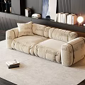 Modern Beige Double Sofa With PARIS Lettering On Carpet Near Dark Wall Bookshelf And Lamp