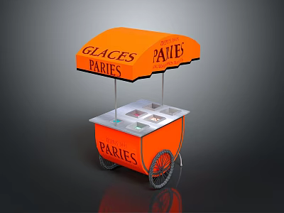 Orange Mobile Food Cart with Canopy Displaying GLACES PAVIES and Serving Trays on Wheels 3d model