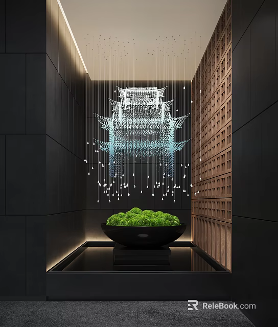 Modern Indoor Landscape With Hanging Pagoda Like Light Installation And Green Plant Planter 3d model 