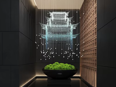 Modern Indoor Landscape With Hanging Pagoda Like Light Installation And Green Plant Planter 3d model