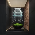 Modern Indoor Landscape With Hanging Pagoda Like Light Installation And Green Plant Planter