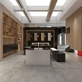Modern Showroom with Wooden Walls Red Accents White Reception Desk and Display Shelves