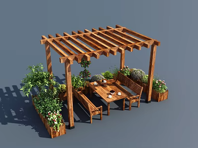 Wooden Pergola with Green Plants Planters Table and Benches in Outdoor Garden 3d model