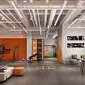 Strong Fitness Club Interior With Modern Bar Counter Orange Cabinets And Plants
