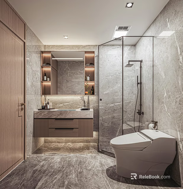 Modern Bathroom Interior With Marble Walls Floating Vanity Glass Shower And Smart Toilet 3d model 