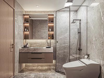 Modern Bathroom Interior With Marble Walls Floating Vanity Glass Shower And Smart Toilet 3d model
