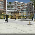 Modern Commercial Street Featuring Retail Shops Pedestrians Benches Fountains and Greenery
