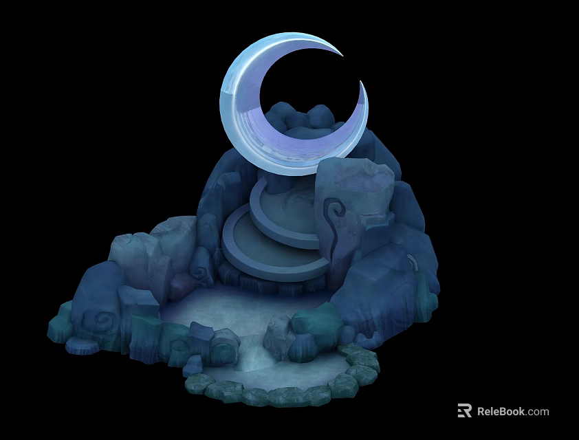 Crescent Moon Shaped Decorative Stone Structure With Rocky Base And Circular Platform 3d model 