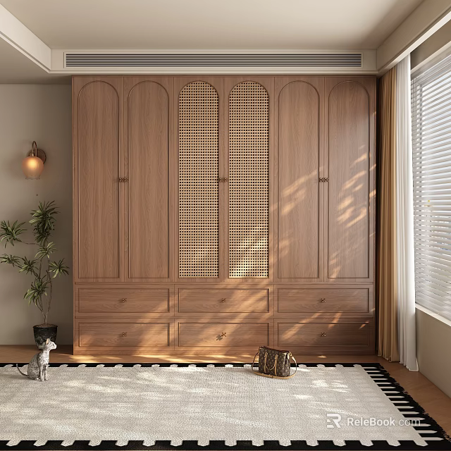 Modern Wooden Wardrobe With Lattice Design Drawers And Natural Light Interior 3d model 