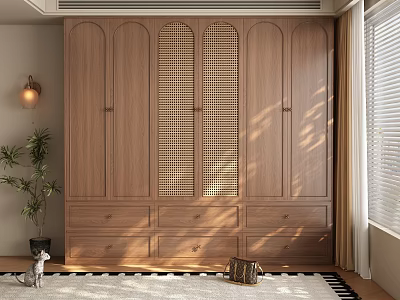 Modern Wooden Wardrobe With Lattice Design Drawers And Natural Light Interior 3d model