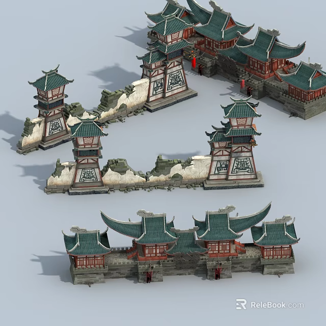 Chinese Traditional Ancient Pagoda And Archway Structures With Curved Eaves And Carved Walls 3d model 