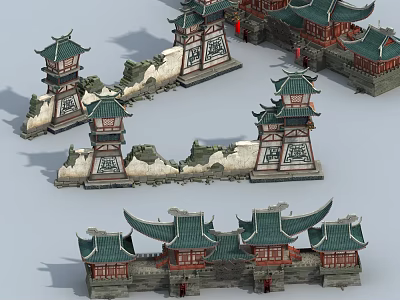 Chinese Traditional Ancient Pagoda And Archway Structures With Curved Eaves And Carved Walls 3d model