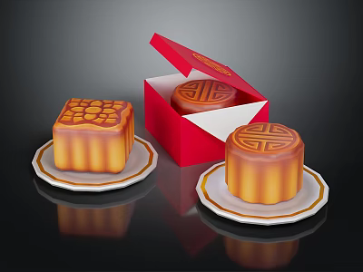 Golden Mooncakes with Patterns on Plates and Open Red Box 3d model
