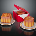 Golden Mooncakes with Patterns on Plates and Open Red Box