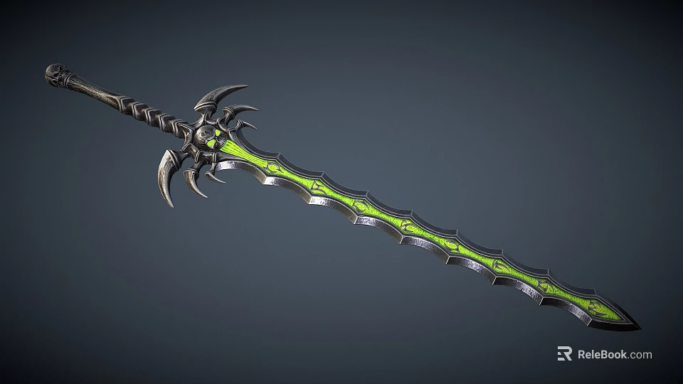 Intricate Fantasy Sword With Green Glowing Blade Black Hilt Spikes And Decorative Design 3d model 