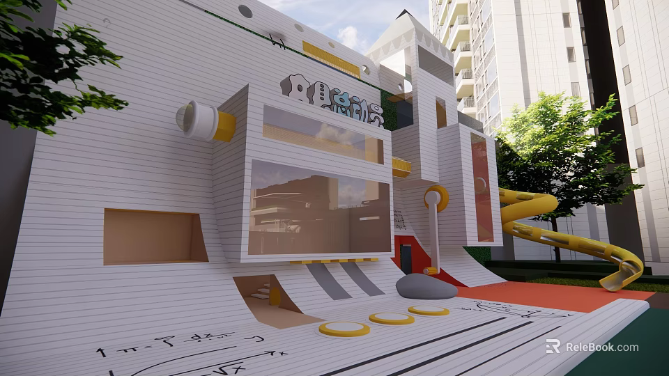 Modern Elevator Corridor In White Building With Slide And Playground Area Near Trees 3d model 