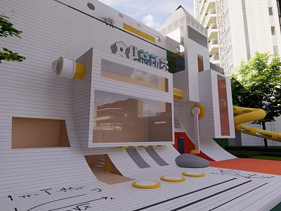 Modern Elevator Corridor In White Building With Slide And Playground Area Near Trees 3d model