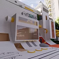 Modern Elevator Corridor In White Building With Slide And Playground Area Near Trees