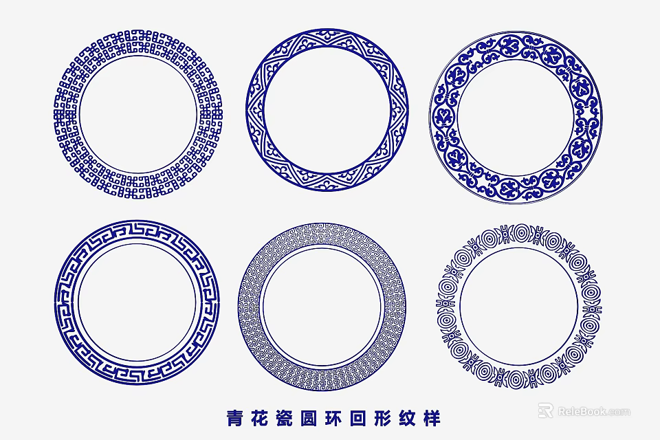 Blue and White Porcelain Circular Ring Meander Pattern Wall Decor for Home Decoration 3d model