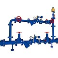 Industrial Piping System With Blue Pipes Red Valves And Pressure Gauges