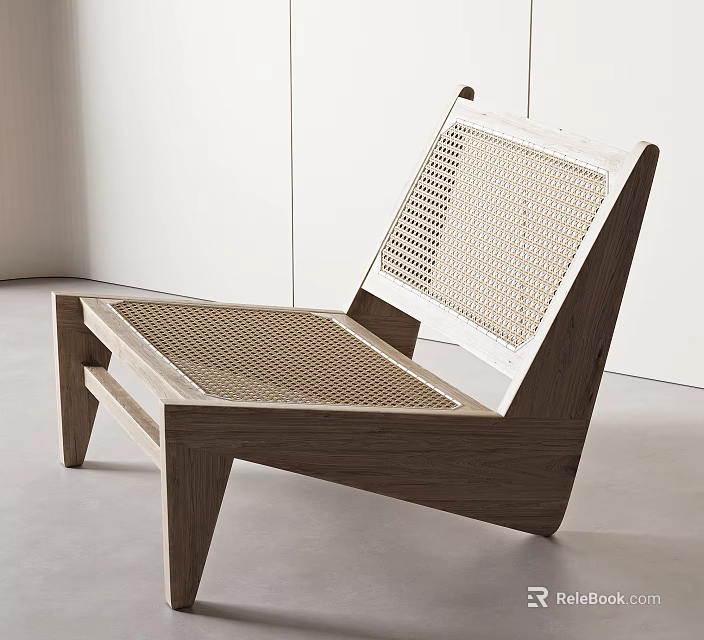 Modern Wooden Frame Lounge Chair With Woven Rattan Seat And Backrest Design 3d model 