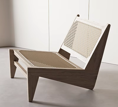 Modern Wooden Frame Lounge Chair With Woven Rattan Seat And Backrest Design 3d model