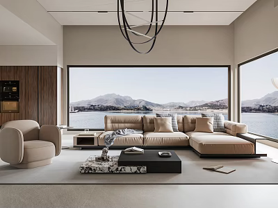 Modern Living Room Interior With Large Windows Mountain Lake View Beige Sofa And Black Chandelier 3d model