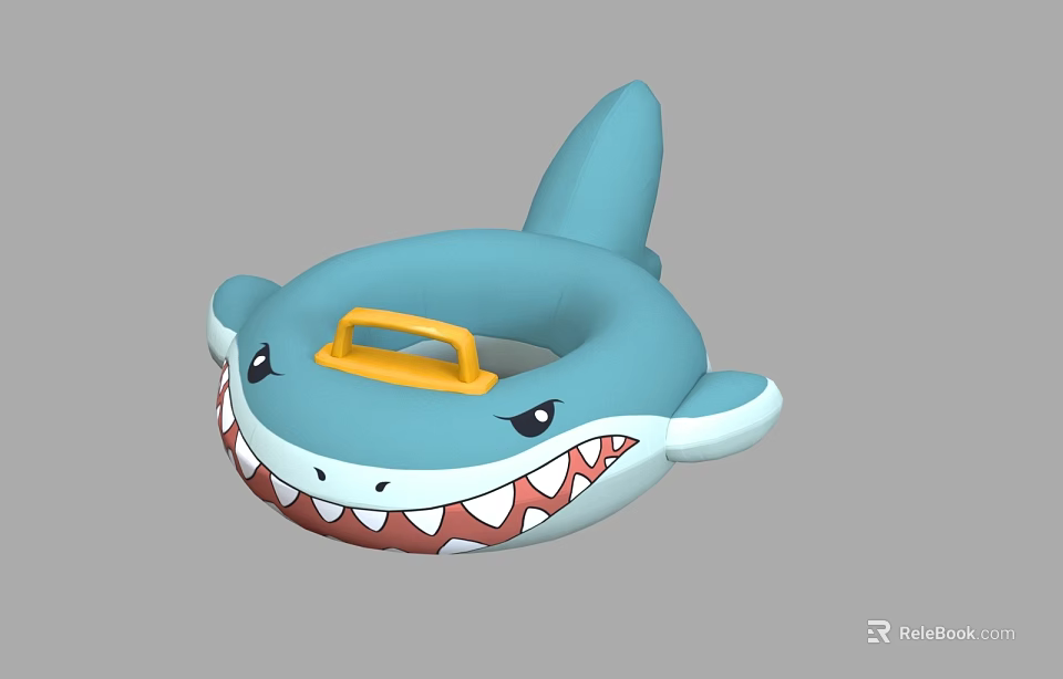 Shark Shaped Inflatable Swim Ring With Blue Body Yellow Handle And Red Mouth 3d model 