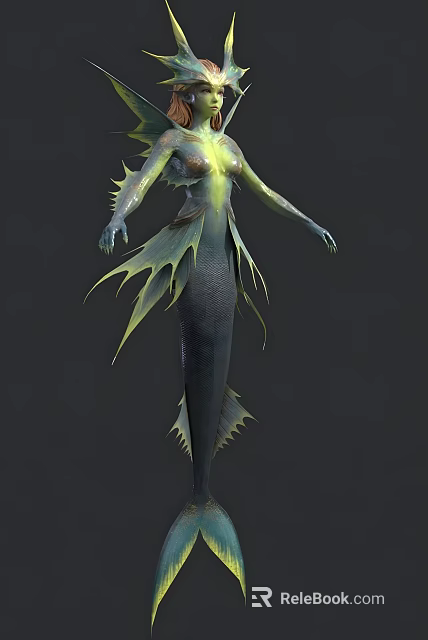 Fantasy Aquatic Creature With Greenish Blue Fins Scaled Body And Luminous Chest 3d model 