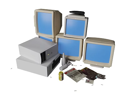 Vintage Computer Equipment Including Monitors Desktop Tower Printer And Floppy Disks 3d model