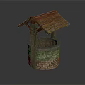 Traditional Well Structure With Stone Brick Base And Wooden Sloped Roof