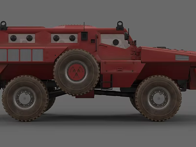 Red Wheeled Military Tank With Armored Body Grille Windows And Large Tires 3d model