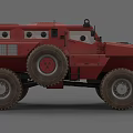 Red Wheeled Military Tank With Armored Body Grille Windows And Large Tires