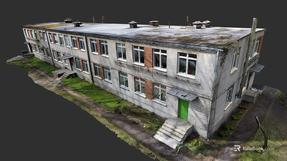 Garden Landscape Featuring Old Building Exterior Green Door Windows Steps And Grass Area 3d model 